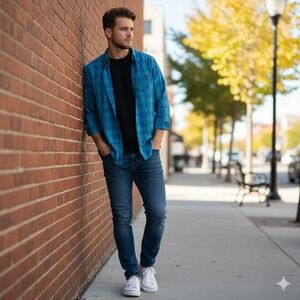 Oakley Men's Button Front Long Sleeve Brushed Cotton Blue Plaid Shirt Sz Medium